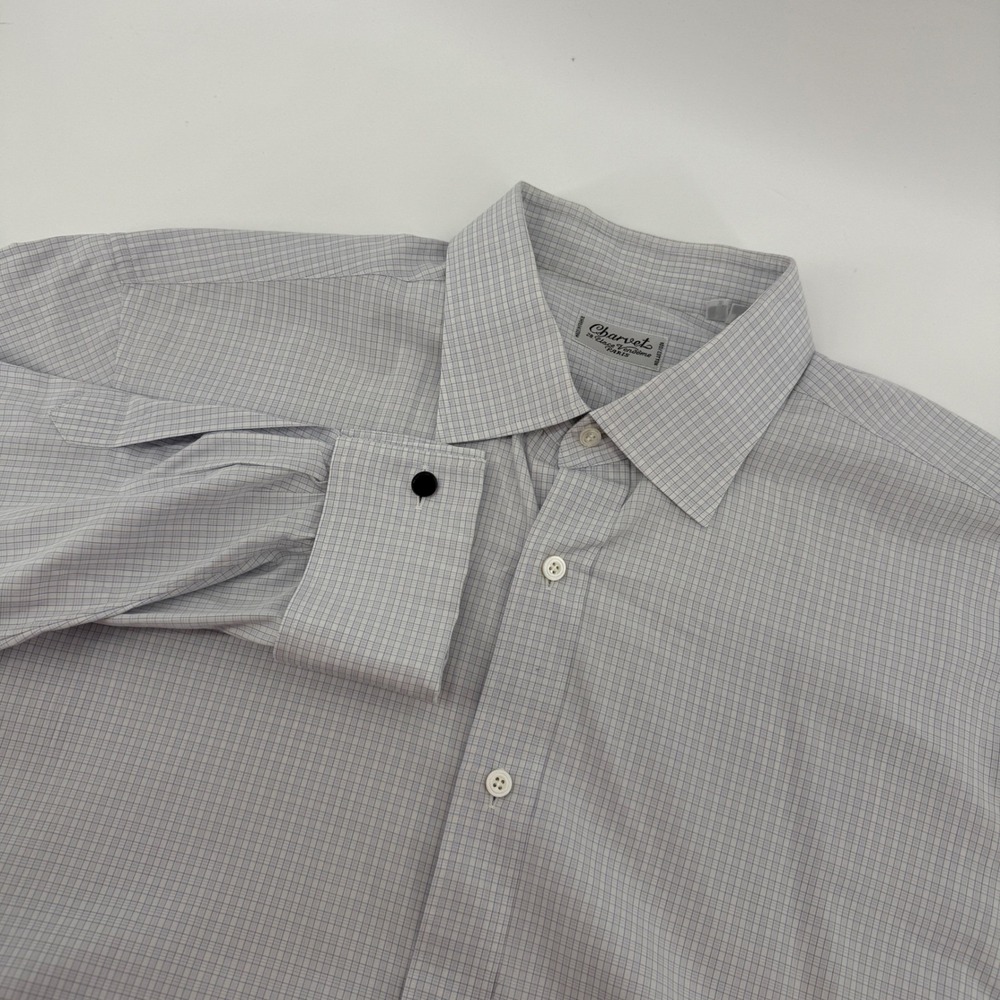 Charvet Paris Mens Dress Shirt 17 43 L Blue White Micro Check French Cuff France